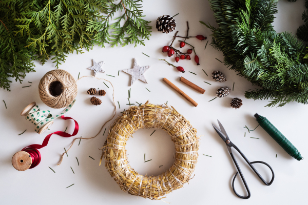 Christmas composition on a white background. Flat lay.