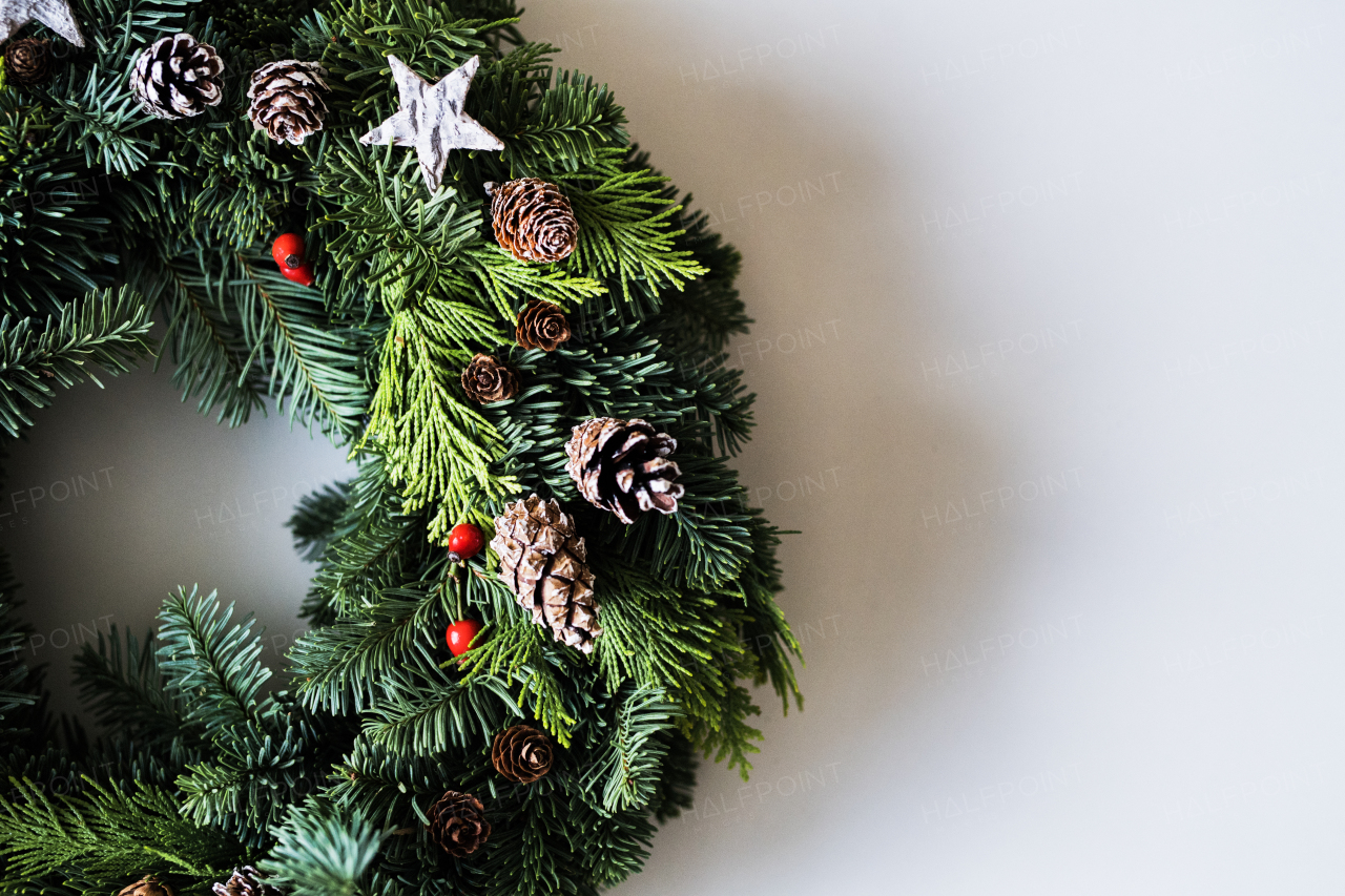 Christmas wreath on a white background. Flat lay. Copy space.