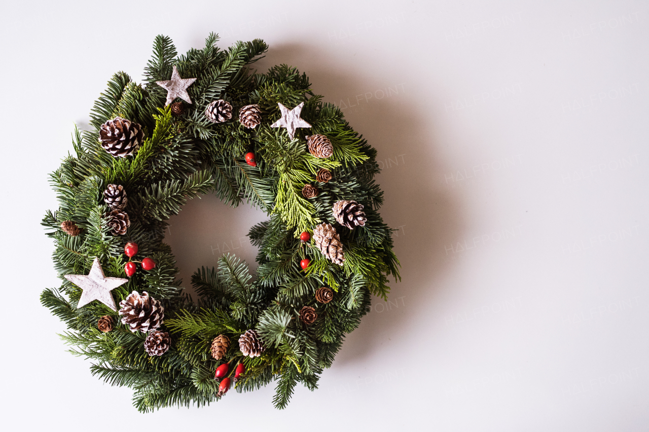 Christmas wreath on a white background. Flat lay. Copy space.