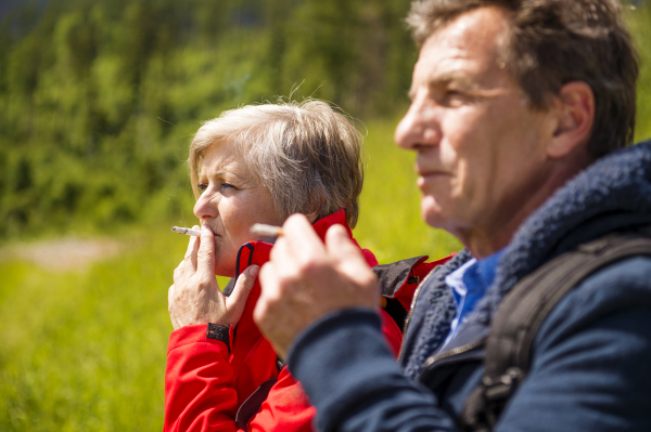 Beautiful senior couple of tourists in the mountains together, spring time.