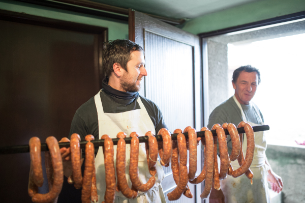 Two men hanging homemade raw sausages on wooden stick, making them the traditional way. Close up.