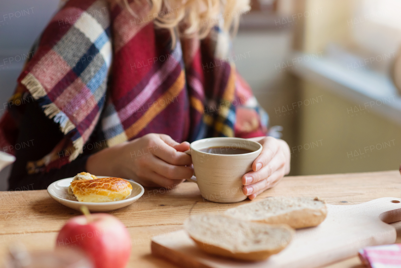 Beautiful woman relaxing at home with notebook and cup of coffee