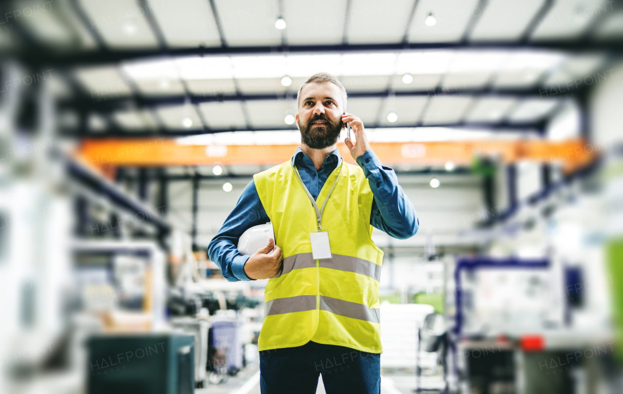 A portrait of a mature industrial man engineer with smartphone in a factory, making a phone call.