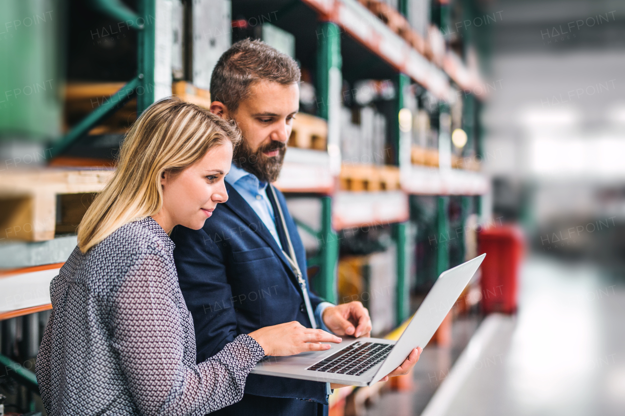 A portrait of a mature industrial man and woman engineer with laptop in a factory, working.