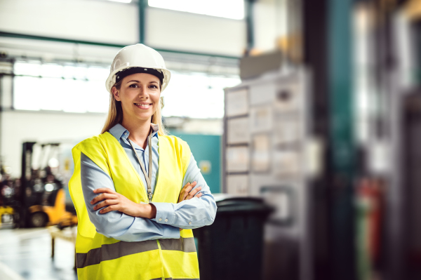 A portrait of a young industrial woman engineer standing in a factory, arms crossed.