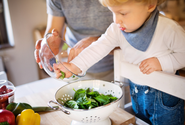 Unrecognizable young father with a toddler boy cooking. A man with his son making vegetable salad.