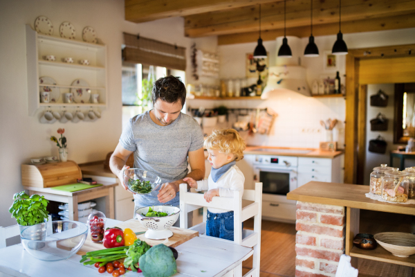 Young father with a toddler boy cooking. A man with his son making vegetable salad.