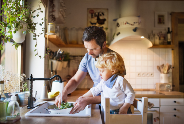 Young father with a toddler boy cooking. A man with his son making vegetable salad.