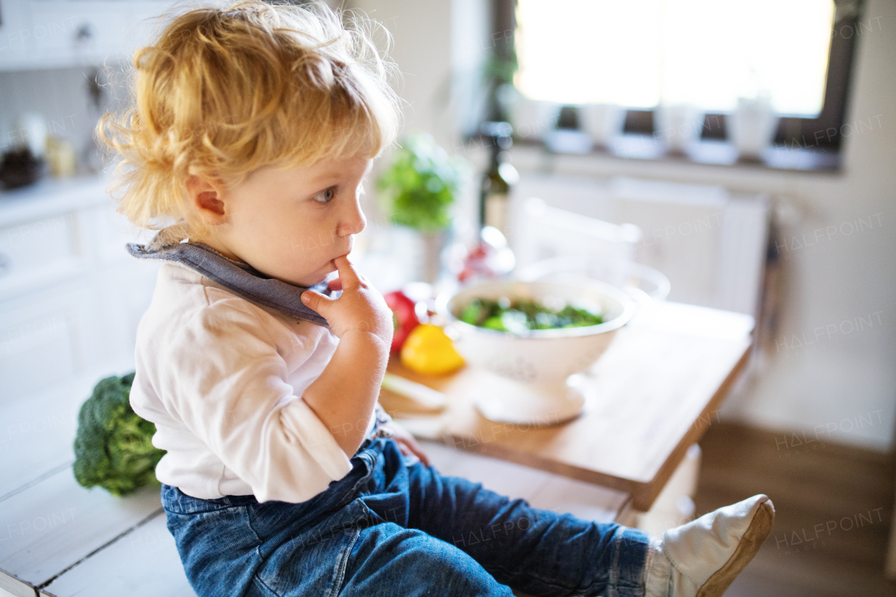 Toddler boy in the kitchen. A small boy sitting on a table, a finger in his mouth.