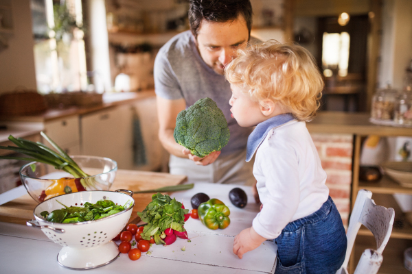 Young father with a toddler boy cooking. A man with his son making vegetable salad.