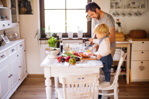 Young father with a toddler boy cooking. A man with his son making vegetable salad.