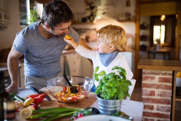 Young father with a toddler boy cooking. A man with his son making vegetable salad.