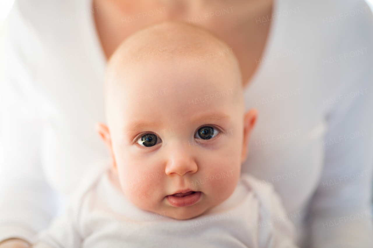 Unrecognizable mother in white t-shirt holding her cute baby son, sitting in her lap.