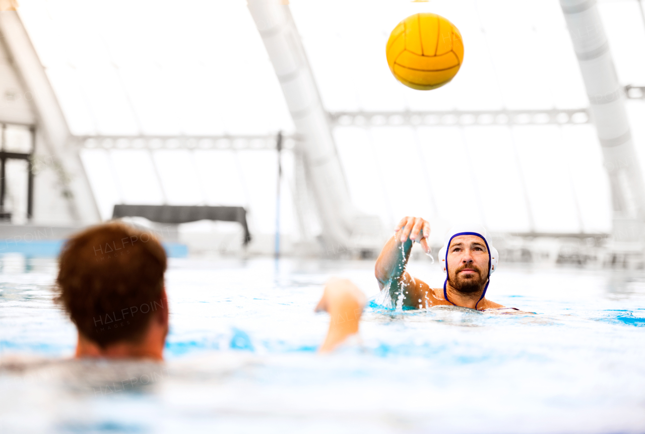 Two water polo players in a swimming pool. Men doing sport.