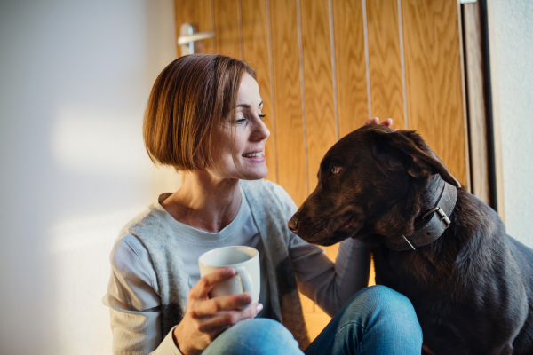 A young woman with a cup of coffee sitting indoors on the floor at home, playing with a dog.