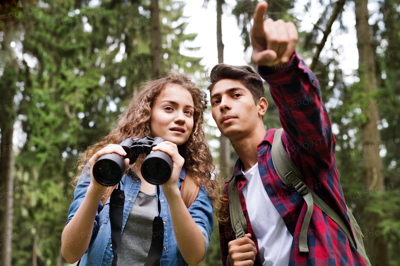 Teenage couple with binoculars hiking in forest. Summer vacation adventure.