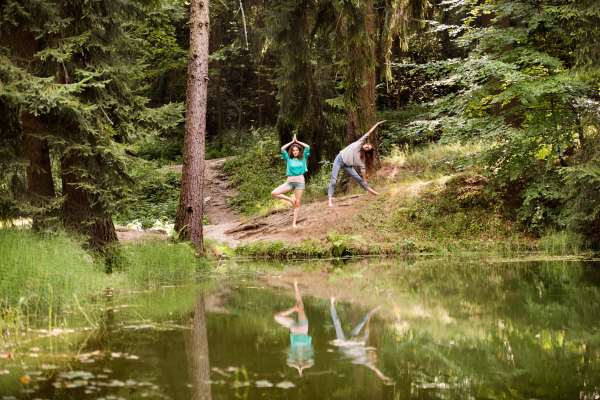 Beautiful teenage girls practice yoga at the lake in the morning forest.