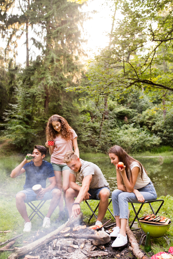 Beautiful teenagers enjoying camping vacations in forest. Boys cooking meat on bonfire.