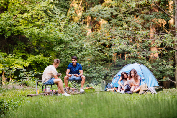 Group of teenagerss camping in forest. Girls sitting in front of tent, reading a book. Boys cooking meat on bonfire.