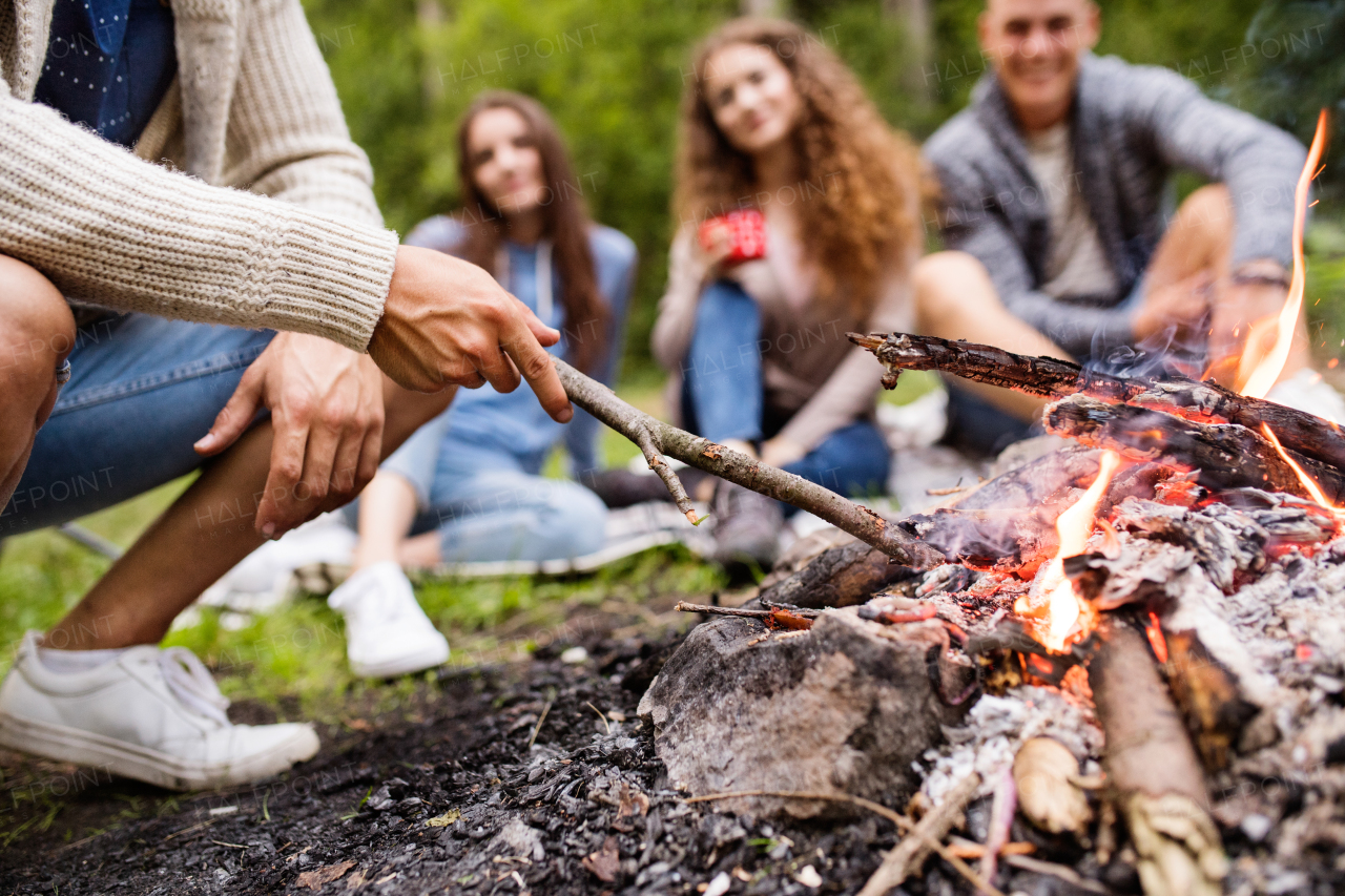 Beautiful teenagers enjoying camping vacations in forest, sitting at bonfire.