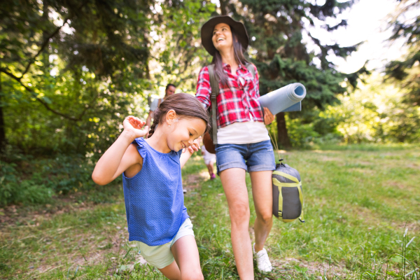 Beautiful young family with cute little daughters going camping in forest.