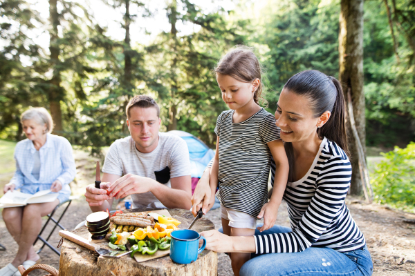 Beautiful family enjoying camping holiday in forest. Barbecue with drinks and food.