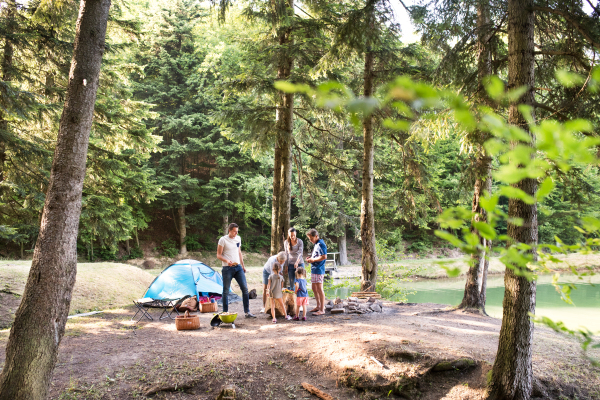 Beautiful family enjoying camping holiday in forest. Barbecue with drinks and food.