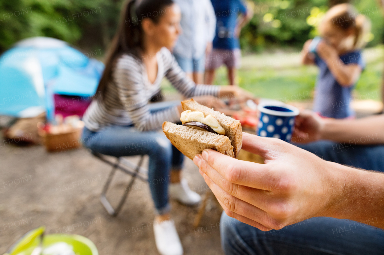 Family camping in forest, eating together. Hand holding bread with meat.