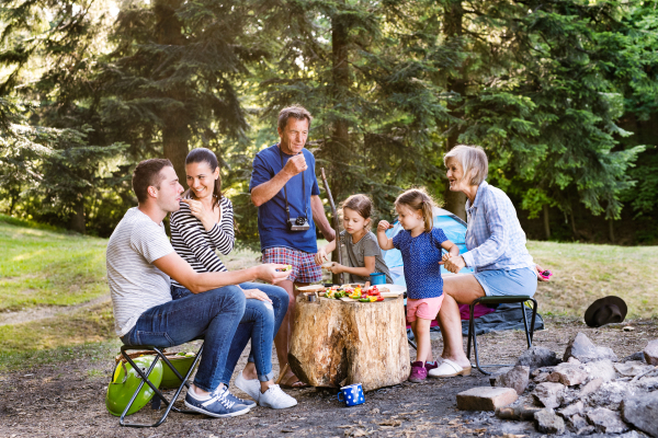 Beautiful family enjoying camping holiday in forest. Barbecue with drinks and food.