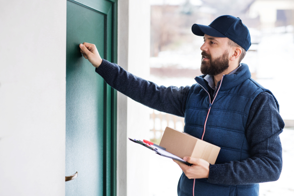 Delivery man delivering parcel box to recipient - courier service concept. A man knocking on the door.