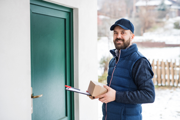 Delivery man delivering parcel box to recipient - courier service concept. A man standing by the door.