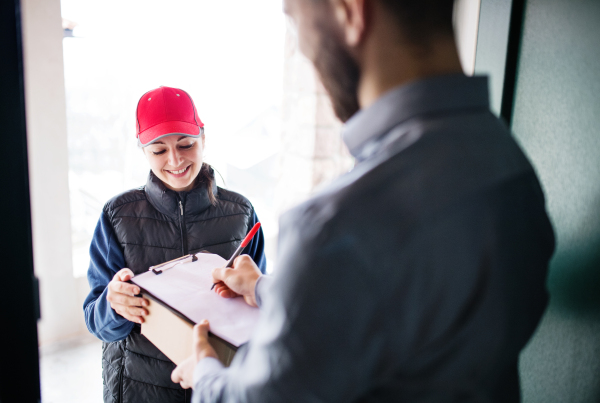 An unrecognizable man receiving parcel from delivery woman at the door - courier service concept.