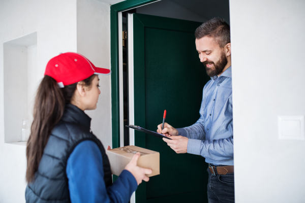 A man receiving parcel from delivery woman at the door - courier service concept.