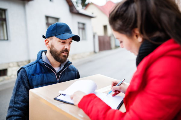 Young woman receiving parcel from delivery man at the door - courier service concept.