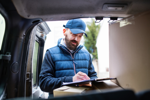 Delivery man delivering parcel box to recipient - courier service concept. A man signing a document.