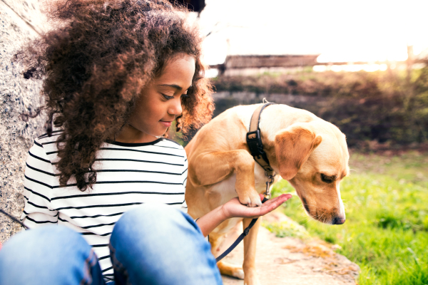 Beautiful african american girl with curly hair outdoors with her cute dog at the old concrete wall.