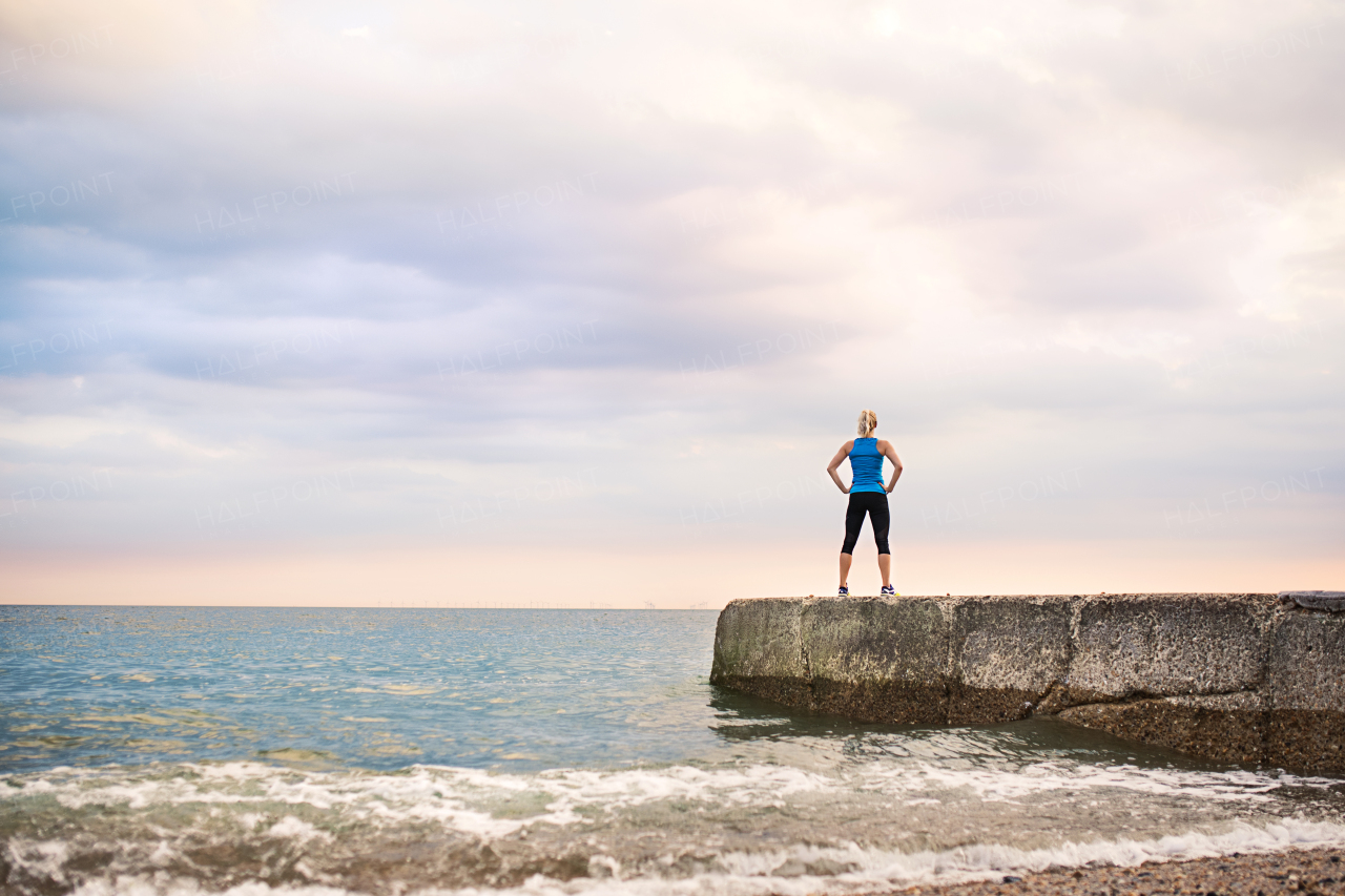 Rear view of young sporty woman standing on a pier by the ocean outside. Copy space.