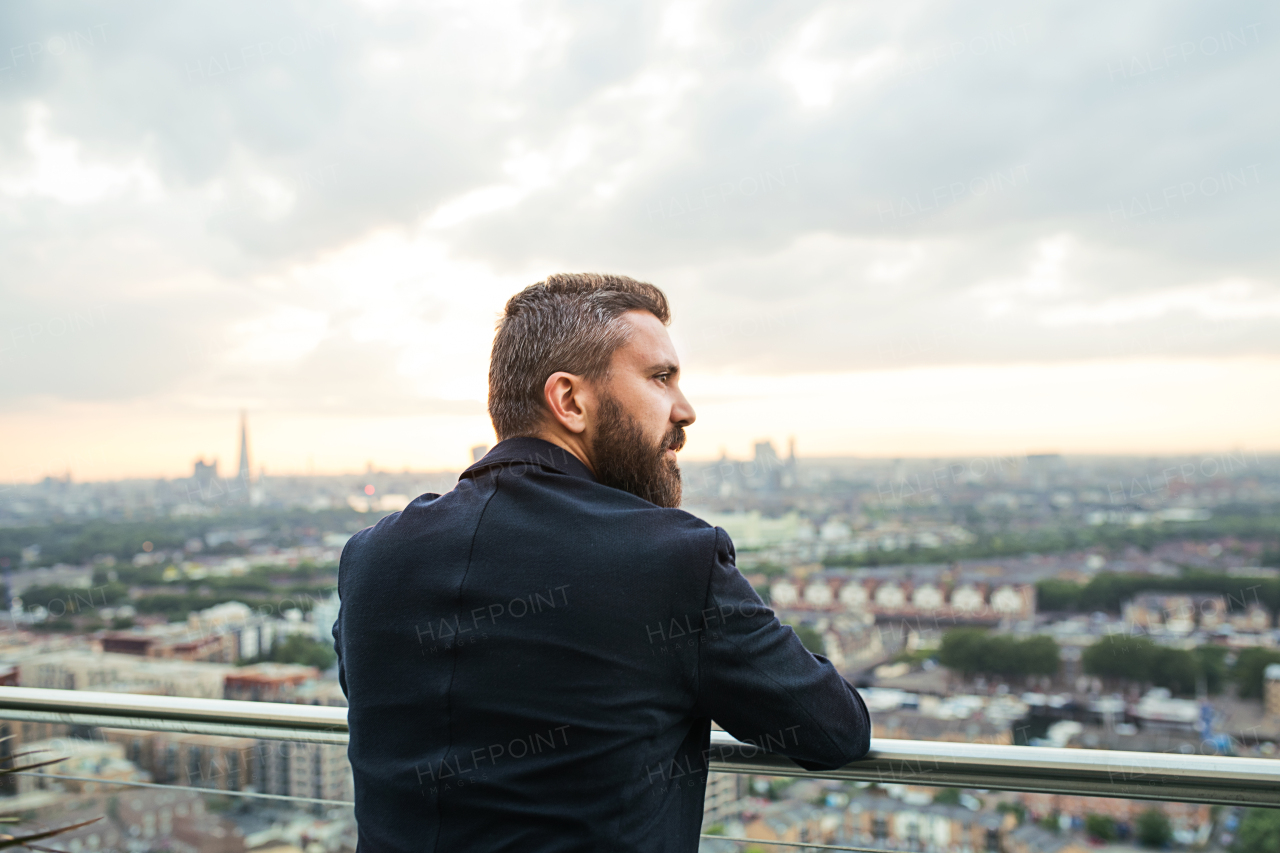 A rear view of hipster businessman standing against London view panorama.