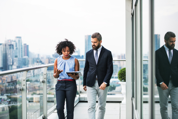 A portrait of businesspeople walking against London rooftop view, discussing something.