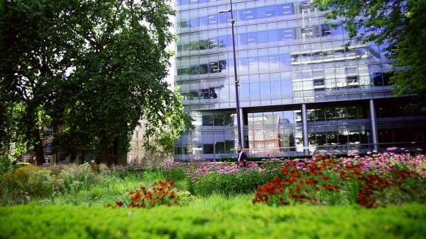 Hipster businessman with laptop bag and suitcase walking in park in London. Slow motion.