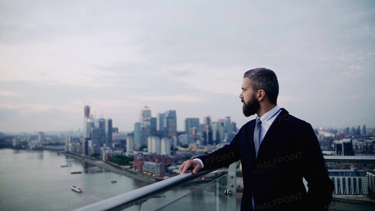 A portrait of businessman standing against London rooftop view panorama. Copy space. Slow motion.