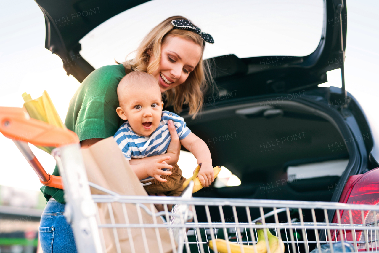 Beautiful young mother with baby boy putting shopping into back of car.