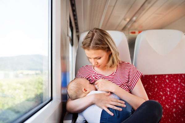 Young mother travelling with baby boy by train. Railway journey of a beautiful woman and her son.