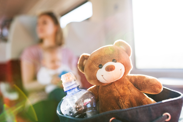 Young mother travelling with baby boy by train. Railway journey of a beautiful woman and her son.