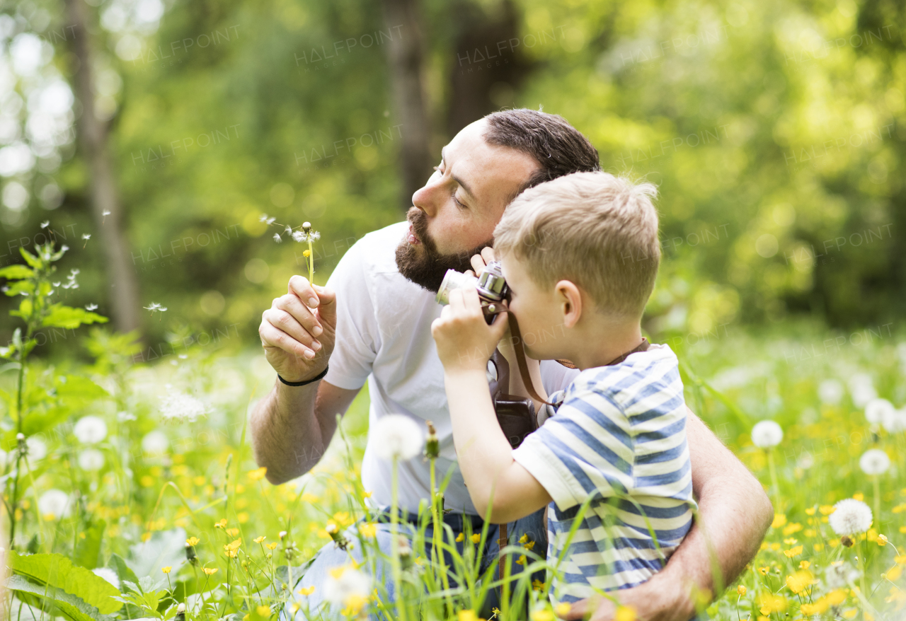 Young hipster father outdoors with his little son with camera, taking pictures of nature. Sunny summer day.