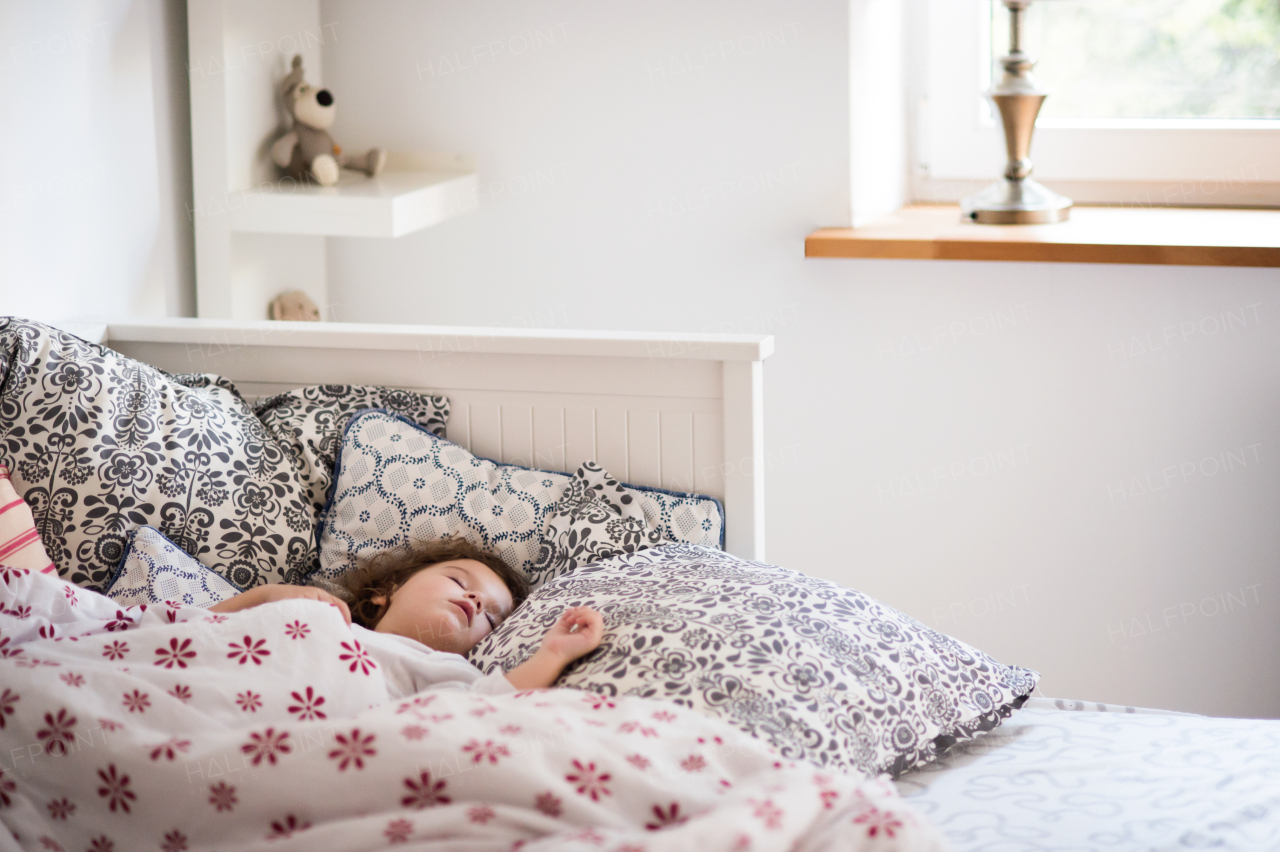 Cute little girl sleeping in the afternoon in bed, surrounded by pillows and bedding sheets.