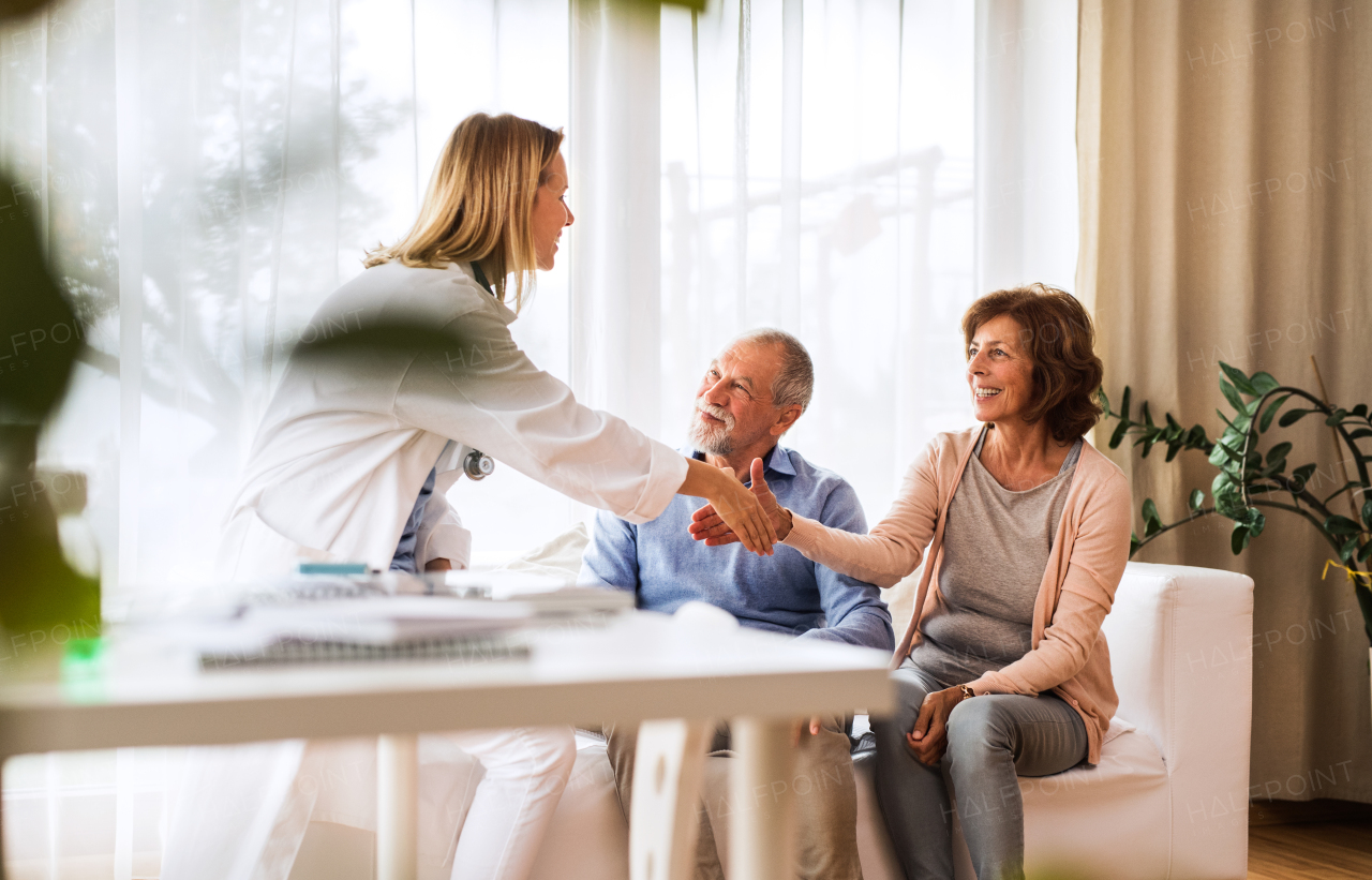 Young female doctor talking to a senior couple. Home visit.