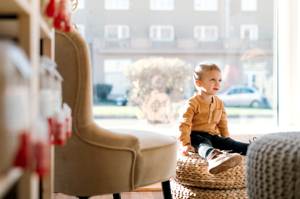 A happy small toddler boy sitting in zero waste shop. Copy space.