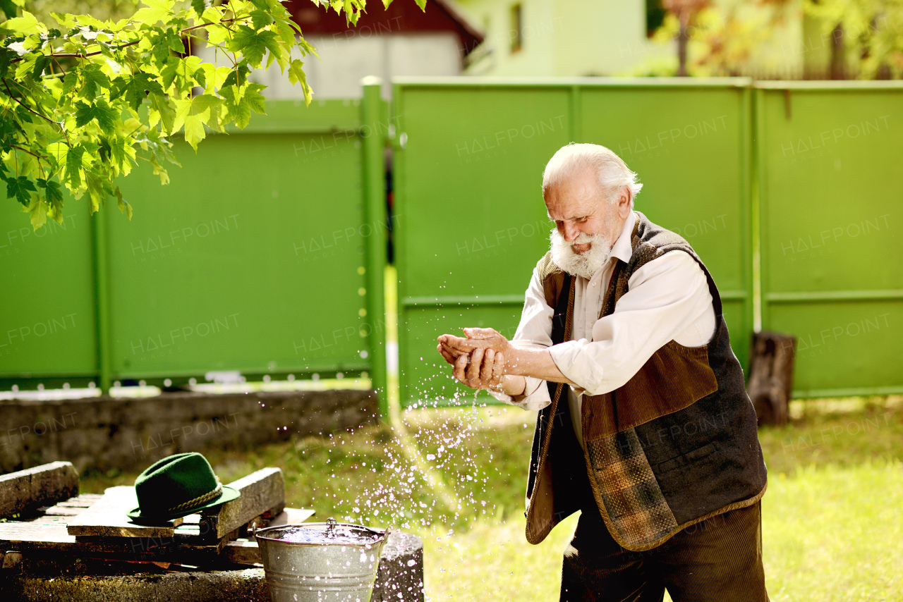 The old peasandt working outdoors around the house, summer time.