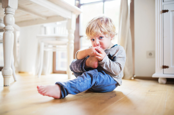 A cute toddler boy sitting on the floor at home, putting foot in his mouth.